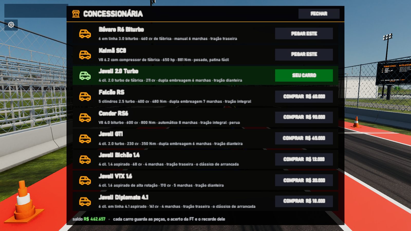 Tela da concessionária com a lista de carros